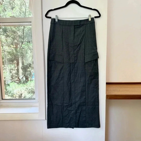 New Bec + Bridge Pine Maxi Skirt Cargo Wool Blend Revolve in Gray Pinstripe US 2 - Picture 6 of 13